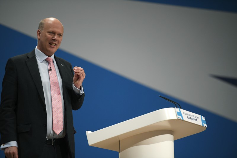 © Reuters. Britain's Transport Secretary Chris Grayling speaks at the Conservative Party conference in Birmingham