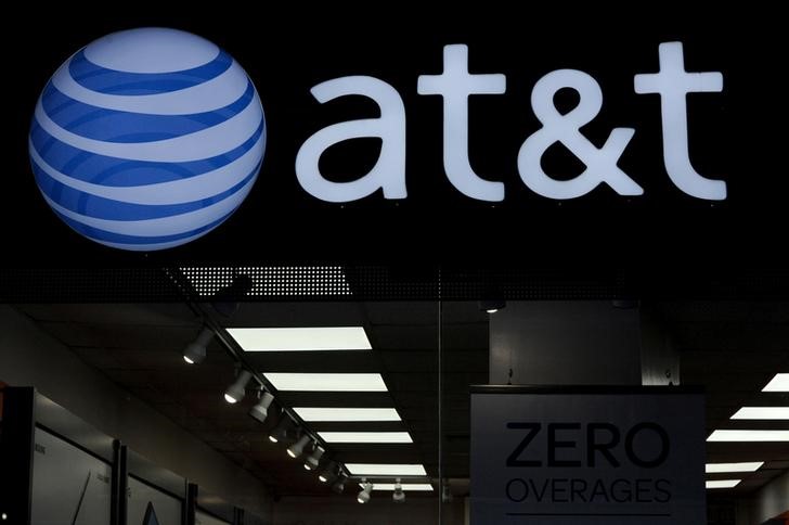 © Reuters. An AT&T logo is seen at an AT&T store in New York City