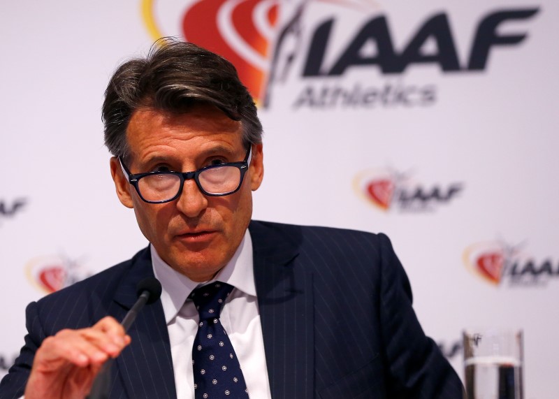 © Reuters. IAAF President Coe attends a news conference after IAAF council meeting in Vienna