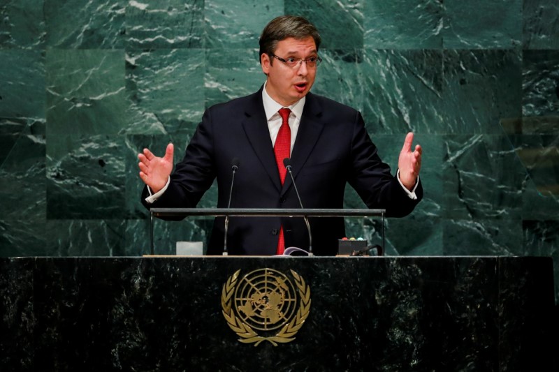 © Reuters. Serbia's Prime Minister Vucic addresses the United Nations General Assembly in New York