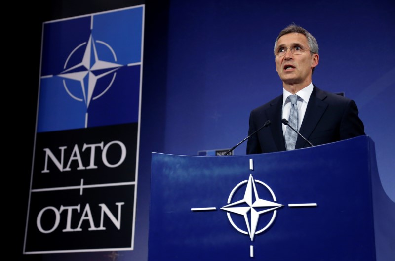 © Reuters. NATO Secretary-General Stoltenberg addresses a news conference after the NATO-Russia Council at the Alliance headquarters in Brussels