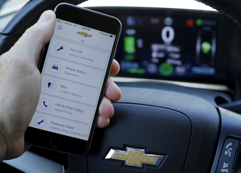 © Reuters. A mobile phone displays the OnStar app inside a Chevrolet Volt vehicle in this photo illustration taken in Encinitas