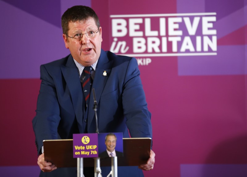 © Reuters. United Kingdom Independence Party defence spokeperson Mike Hookem speaks after unveiling a new campaign poster in Dudley