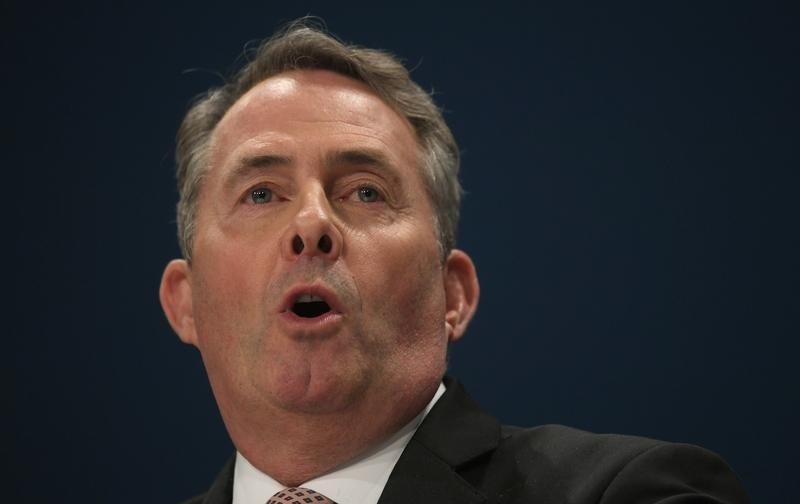 © Reuters. Britain's International Trade Secretary Liam Fox speaks at the Conservative Party conference in Birmingham