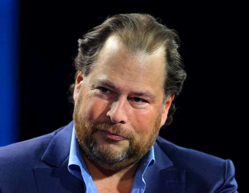 © Reuters. Marc Benioff, chairman and CEO of Salesforce, speaks at the WSJD Live conference in Laguna Beach