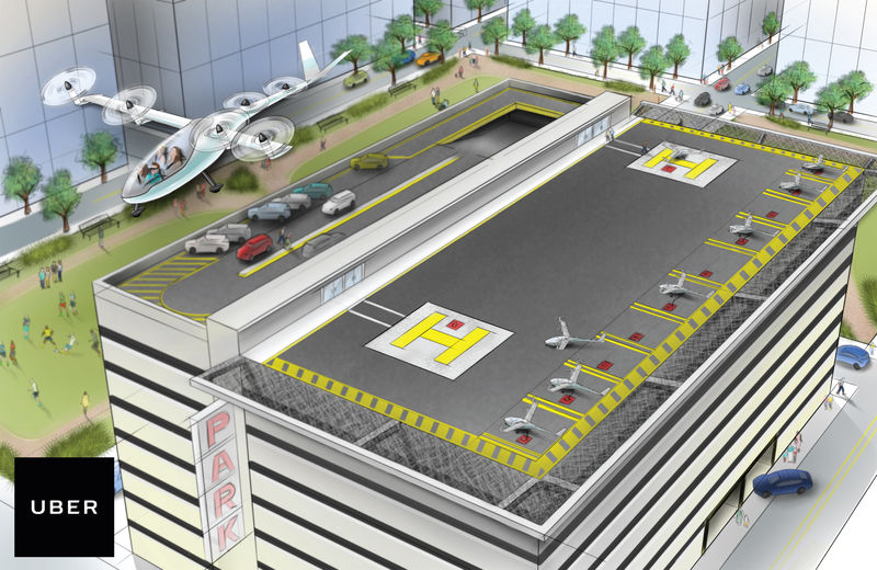 © Reuters. A vertical takeoff and landing aircraft (VTOL) leaves a heliport in an artist's rendition released by ride-sharing company Uber