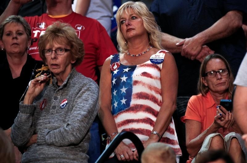 © Reuters. Women supporters of Republican U.S. presidential nominee Donald Trump look on as Trump speaks at a campaign rally in Ambridge