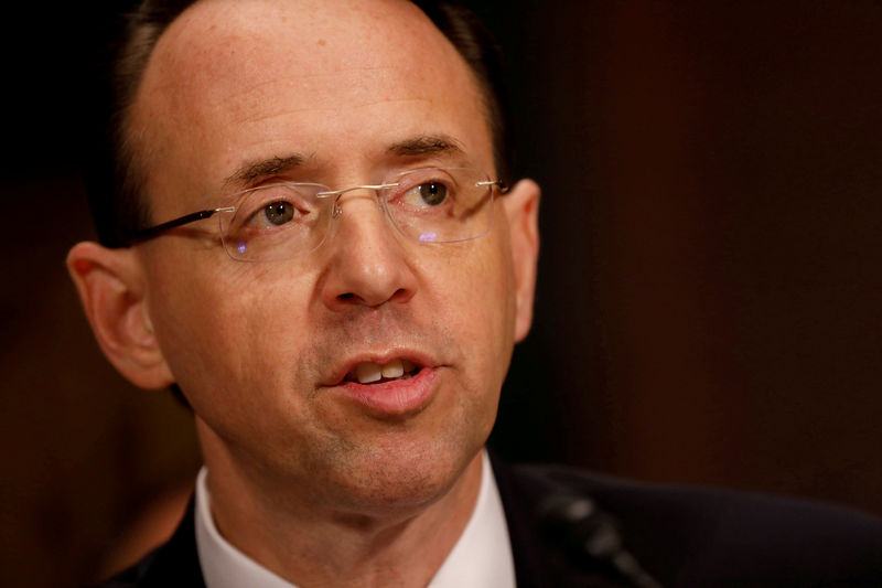 © Reuters. FILE PHOTO: Rod Rosenstein, nominee to be Deputy Attorney General, testifies before the Senate Judiciary Committee