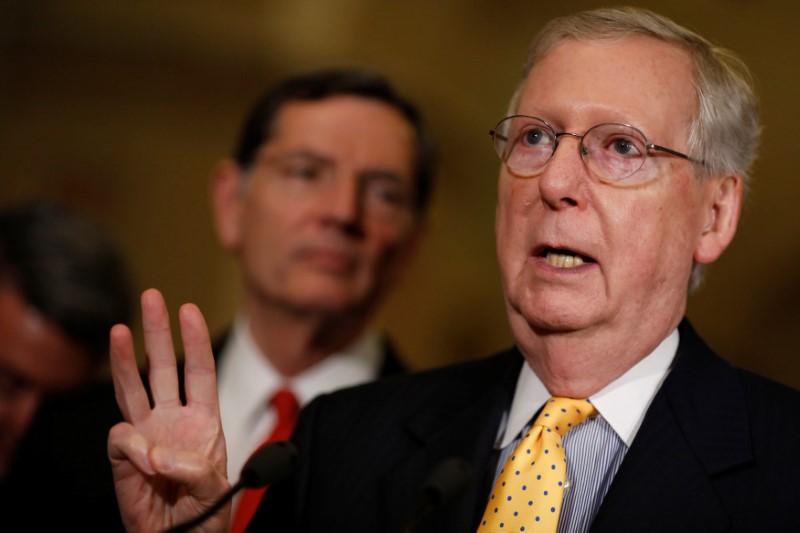 © Reuters. Senate Majority Leader Mitch McConnell speaks to reporters on following a policy luncheon on Capitol Hill in Washington