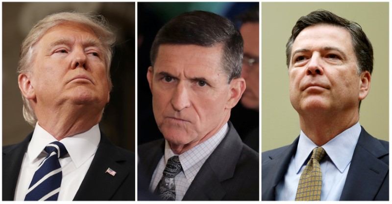 © Reuters. FILE PHOTO: A combination photo shows U.S. President Donald Trump, White House National Security Advisor Michael Flynn and FBI Director James Comey in Washington