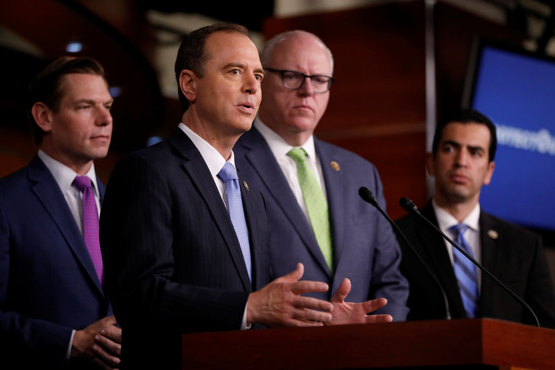 © Reuters. Rep. Adam Schiff (D-CA) accompanied by, Rep. Eric Swalwell (D-CA,) Rep. Joe Crowley (D-NY) and Rep. Ruben Kihuen (D-NV), speaks about recent revelations about President Donald Trump's involvement with Russia on Capitol Hill