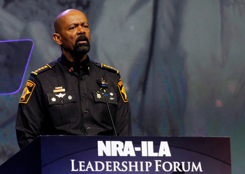 © Reuters. FILE PHOTO - Sheriff David Clark addresses members of the National Rifle Association during their NRA-ILA Leadership Forum at their annual meeting in Louisville