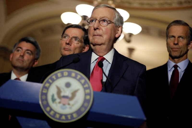© Reuters. Senate Majority Leader Mitch McConnell, flanked by Sen. Cory Gardner (R-CO), Sen. John Barrasso (R-WY), and Sen. John Thune (R-SD), speaks to reporters after the weekly policy luncheons on Capitol Hill