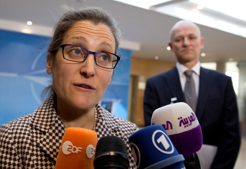 © Reuters. FILE PHOTO: Canada's Foreign Affairs Minister Freeland arrives for a meeting of NATO foreign ministers at NATO headquarters in Brussels