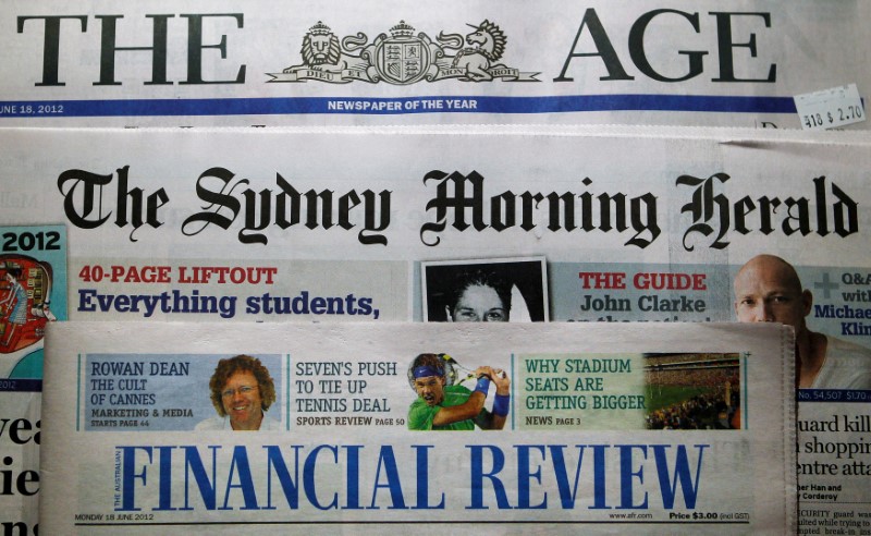 © Reuters. FILE PHOTO: Mastheads of The Age, The Sydney Morning Herald and the Australian Financial Review are pictured in this photo-illustration in Sydney