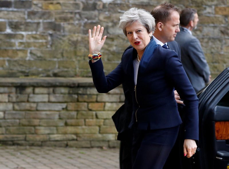 © Reuters. Britain's Prime Minister Theresa May's arrives at her election manifesto launch in Halifax