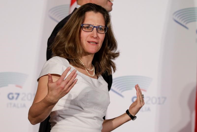 © Reuters. Canada's Foreign Affairs Minister Chrystia Freeland gestures as she arrives to pose for a family photo during a G7 for foreign ministers in Lucca