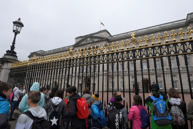 © Reuters. Tourists look through the railings of Buckingham Palace in London