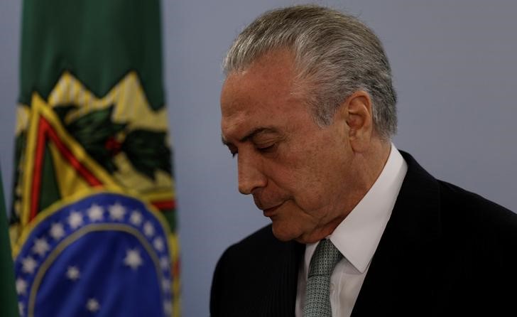 © Reuters. El presidente de Brasil, Michel Temer, en el Palacio de Planalto en Brasilia, Brasil.