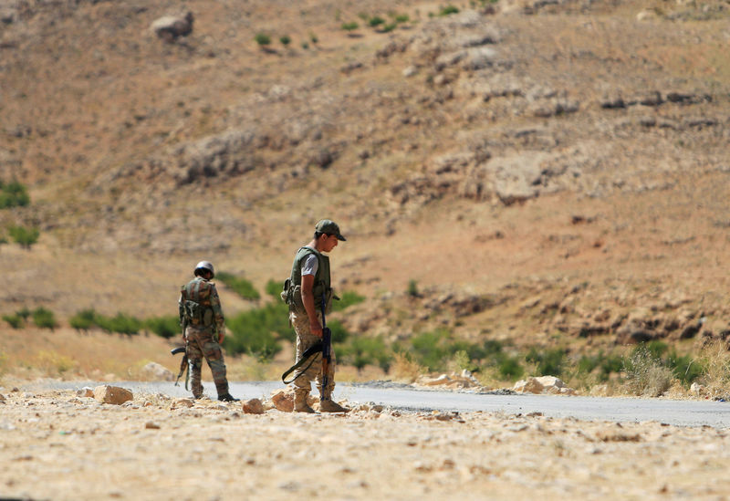 © Reuters. Hezbollah fighters are seen in Jroud Arsal