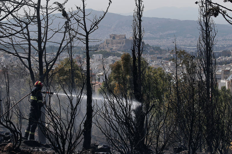 © Reuters. حريق غابات قرب أثينا يحدث أضرارا بمنازل ويدفع السكان للفرار