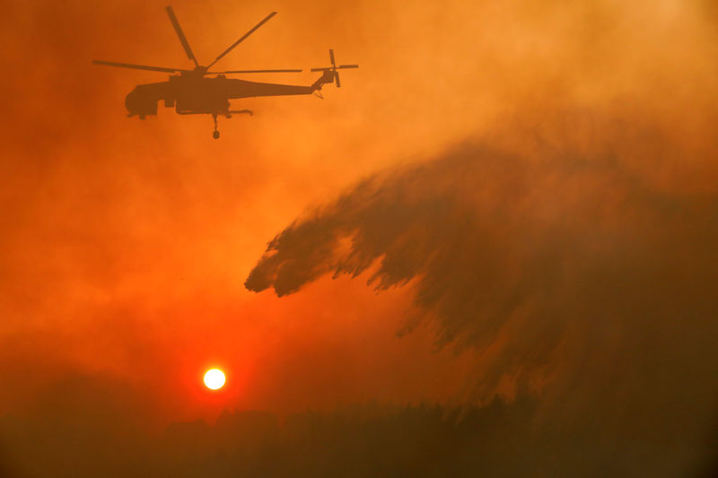 © Reuters. Helicóptero lança água para apagar incêndio florestal nas redondezas de Metochi, ao norte de Atenas