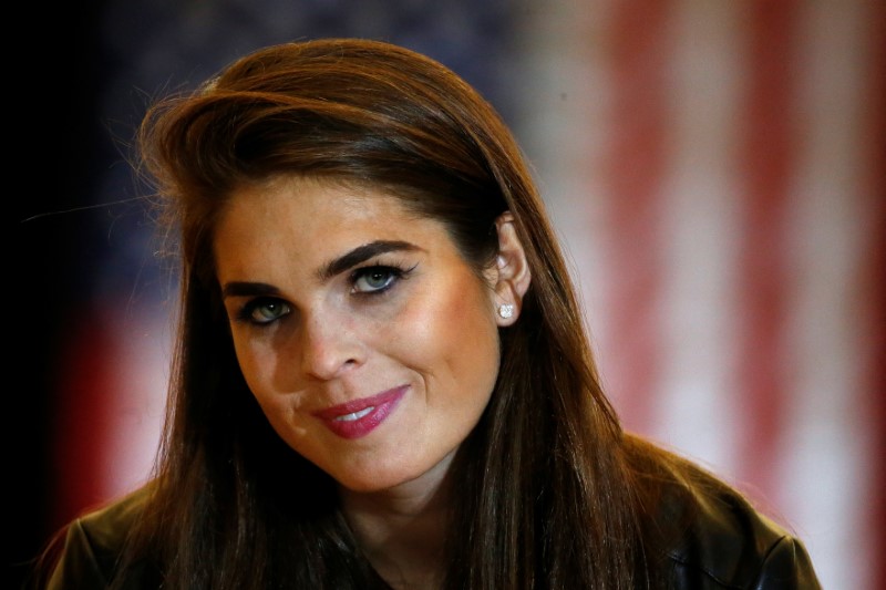 © Reuters. Hope Hicks, communication director for U.S. Republican presidential candidate Donald Trump is pictured following a news conference at Trump Tower in the Manhattan borough of New York