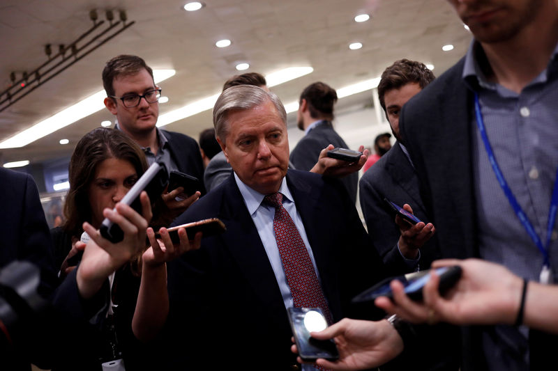 © Reuters. Senator Lindsey Graham speaks to reporters ahead of the weekly party luncheons on Capitol Hill in Washington