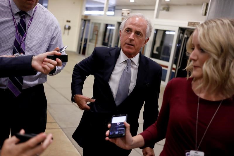 © Reuters. Senator Bob Corker speaks to reporters ahead of the weekly party luncheons on Capitol Hill in Washington