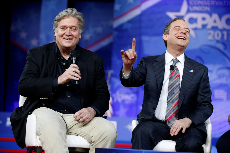 © Reuters. White House Chief Strategist Stephen Bannon and White House Chief of Staff Reince Priebus speak at the Conservative Political Action Conference (CPAC) in National Harbor, Maryland