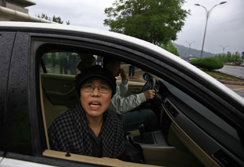 © Reuters. Liu Xia, wife of Nobel Peace Prize Laureate Liu Xiaobo,looks out of a car window after a trial outside a court in Beijing