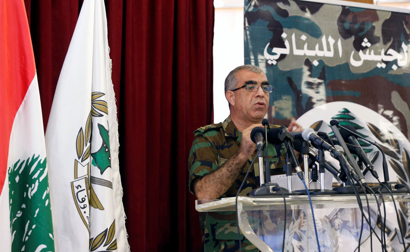 © Reuters. General Ali Kanso gestures as he talks during news conference at the Ministry of Defense in Yarze, east of Beirut