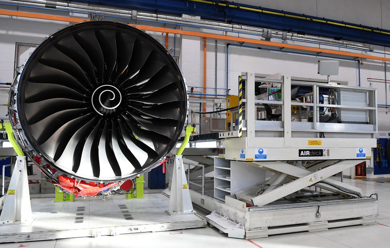 © Reuters. FILE PHOTO: Rolls Royce Trent XWB engines, designed specifically for the Airbus A350 family of aircraft, are seen on the assembly line at the Rolls Royce factory in Derby