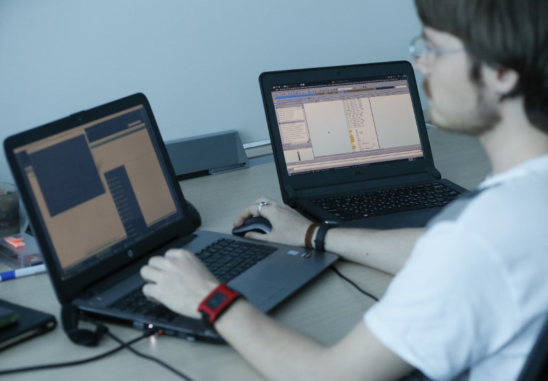 © Reuters. A view shows a laptop display showing part of a code, which is the component of Petya malware computer virus, in Kiev