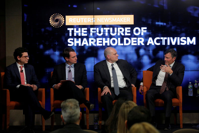 © Reuters. Richard Brand, Partner at Cadwalader, Zach Oleksiuk, Head of Americas Investment Stewardship at BlackRock, Paul Hilal, founder and CEO of Mantle Ridge LP and Jeffrey Ubben, Founder & CEO at ValueAct Capital, speak during the Reuters Newsmaker event