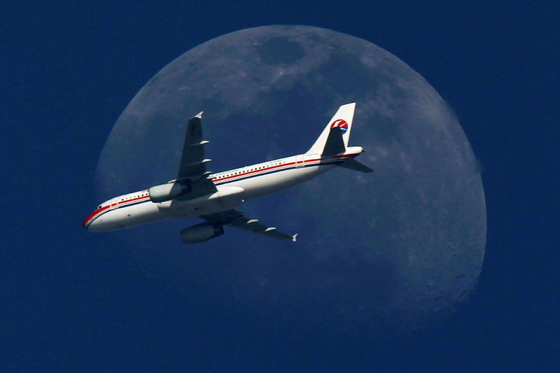 © Reuters. FILE PHOTO - A China Eastern Airlines passenger jet passes in front of the moon over Shanghai