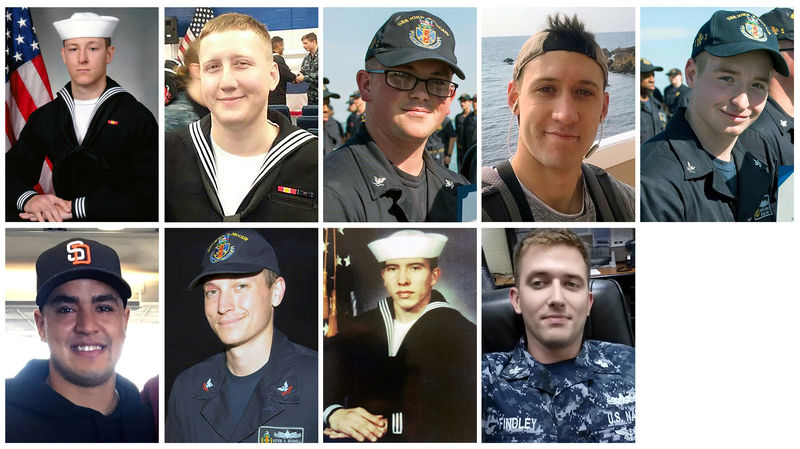 © Reuters. A combination photo showing U.S. Navy personnel killed and missing onboard the USS John McCain when it collided with a merchant vessel in waters near Singapore and Malaysia