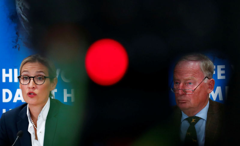 © Reuters. Weidel and Gauland of the anti-immigration party Alternative for Germany address a news conference in Berlin