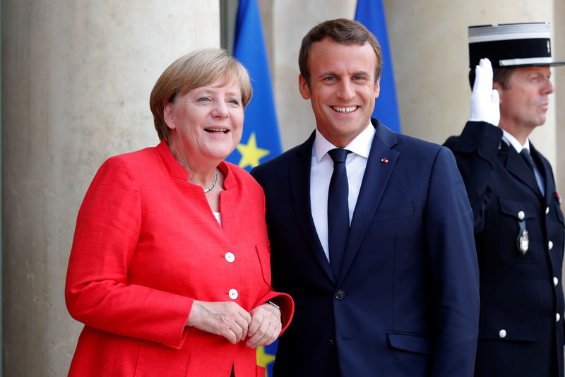 © Reuters. French President Emmanuel Macron greets German Chancellor Angela Merkel for talks on EU integration, defense and migration at the Elysee Palace in Paris