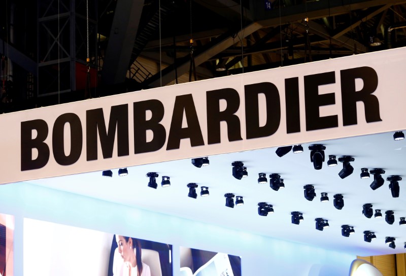 © Reuters. FILE PHOTO - A logo of jet manufacturer Bombardier on their booth during EBACE in Geneva