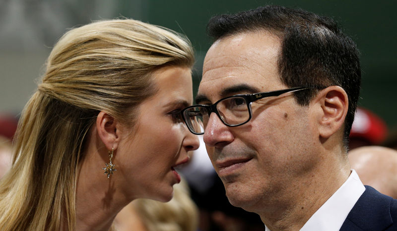 © Reuters. Ivanka Trump and Treasury Secretary Mnuchin talk before the arrival of U.S. President Trump to speak about tax reform during a visit to Loren Cook Company in Springfield