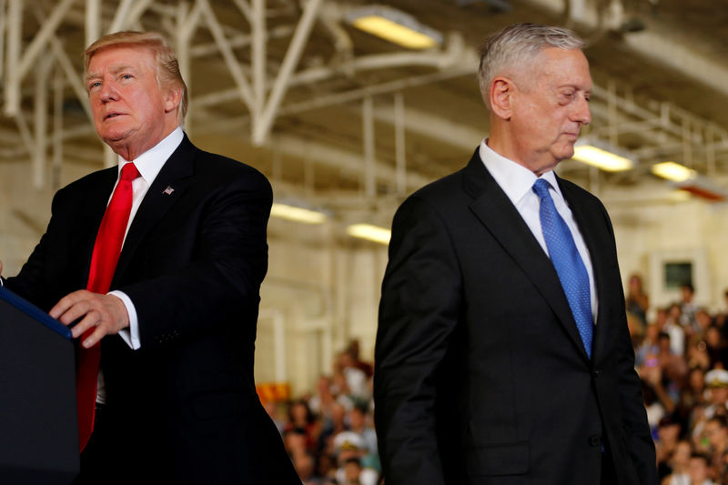 © Reuters. FILE PHOTO: Trump is introduced by Mattis during the commissioning ceremony of the aircraft carrier USS Gerald R. Ford in Norfolk Virginia