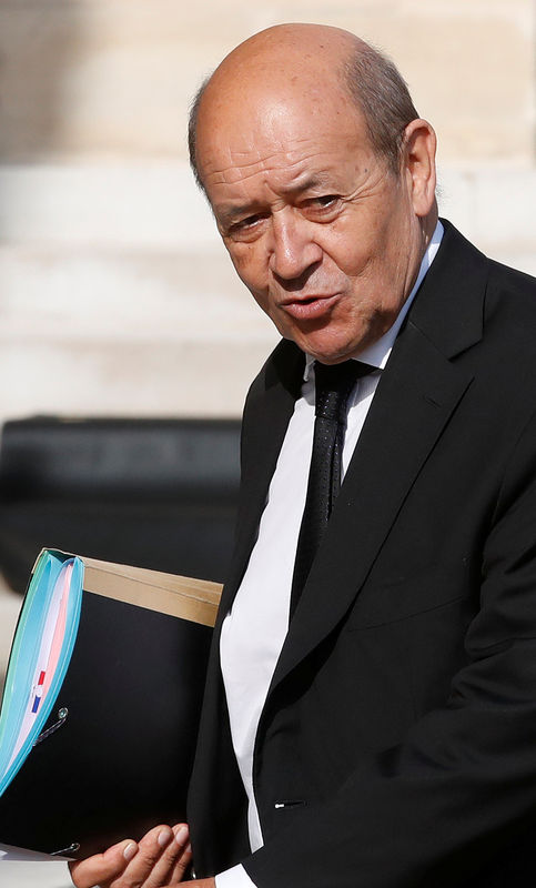 © Reuters. French Minister for Europe and Foreign Affairs Jean-Yves Le Drian arrives to attend the first government meeting after the summer break at the Elysee Palace in Paris