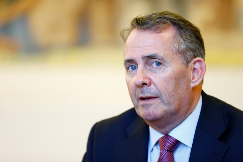 © Reuters. FILE PHOTO: Britain's International Trade Secretary Liam Fox speaks during an interview in Geneva