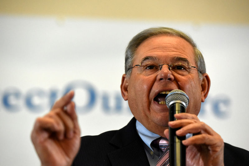 © Reuters. FILE PHOTO: Bob Menendez, United States Senator speaks during the First Stand Rally in Newark