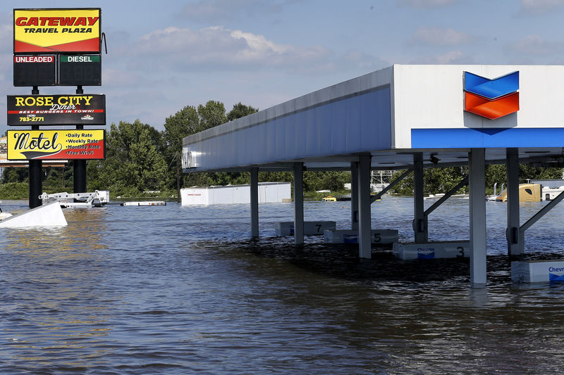 © Reuters. A gas station submerged under flood waters from Tropical Storm Harvey is seen in Rose City, Texas