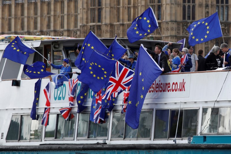 © Reuters. FILE PHOTO: Anti-Brexit, pro-European Union Remain supporters wave flags as they travel up and down the River Thames, outside the Houses of Parliament, in London