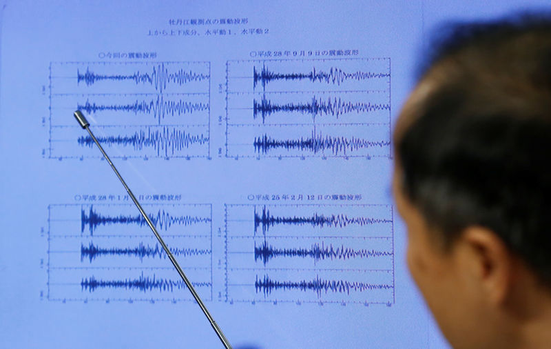 © Reuters. Japan Meteorological Agency's earthquake and tsunami observations division director Matsumori points at graphs of ground motion waveform data observed in Japan during a news conference at the Japan Meteorological Agency in Tokyo