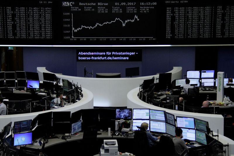 © Reuters. FILE PHOTO: Traders work in front of the German share price index, DAX board, at the stock exchange in Frankfurt