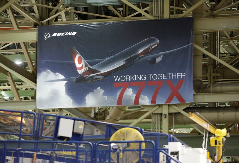 © Reuters. A 777X banner is pictured above the 777 Wing Horizontal Build Line at Boeing's production facility in Everett, Washington